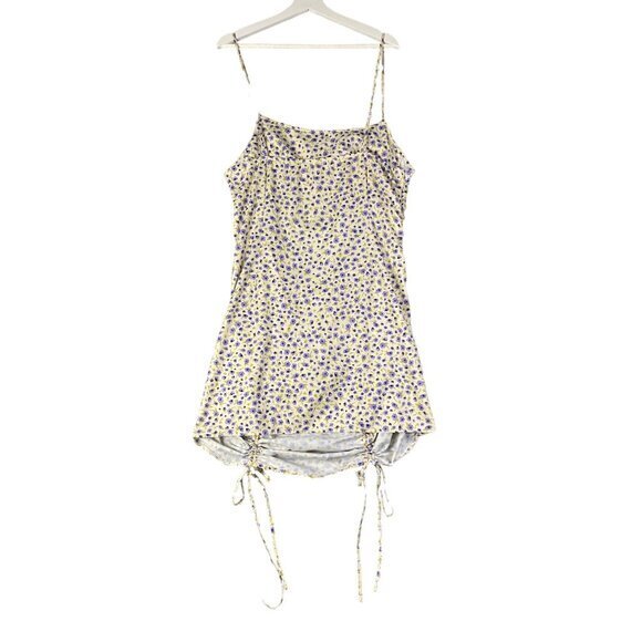 SHEIN Drawstring Knot Front Ruched Floral Dress Women 1XL Yellow Purple Milkmaid - Picture 1 of 8